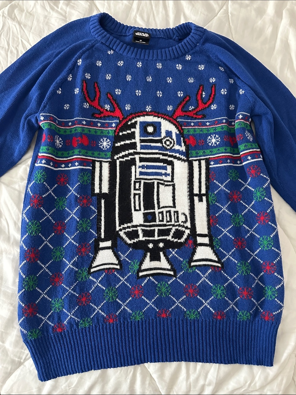 Star Wars Blue R2-D2 Holiday Cowl Sweater with Red & Green Accents